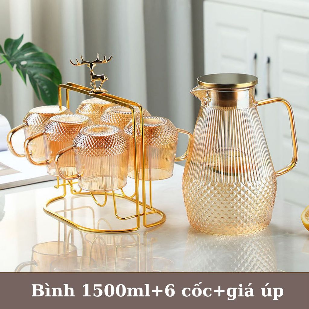 Bộ Bình Kèm 6 Cốc Uống Nước Chất Liệu Thủy Tinh Chịu Nhiệt BN03