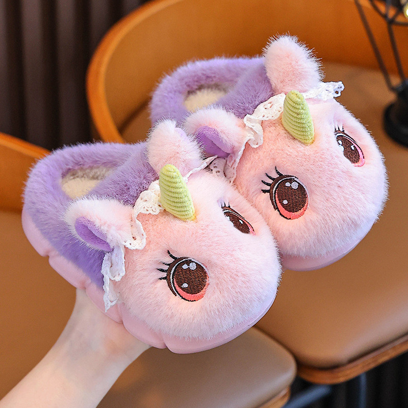 Kỳ Lân Trẻ Em Cotton Dép Mùa Đông Bé Gái Lông Cừu Ấm Áp Lông Nhà Trung Nhỏ Trẻ Em Bé Trong Nhà Dép L