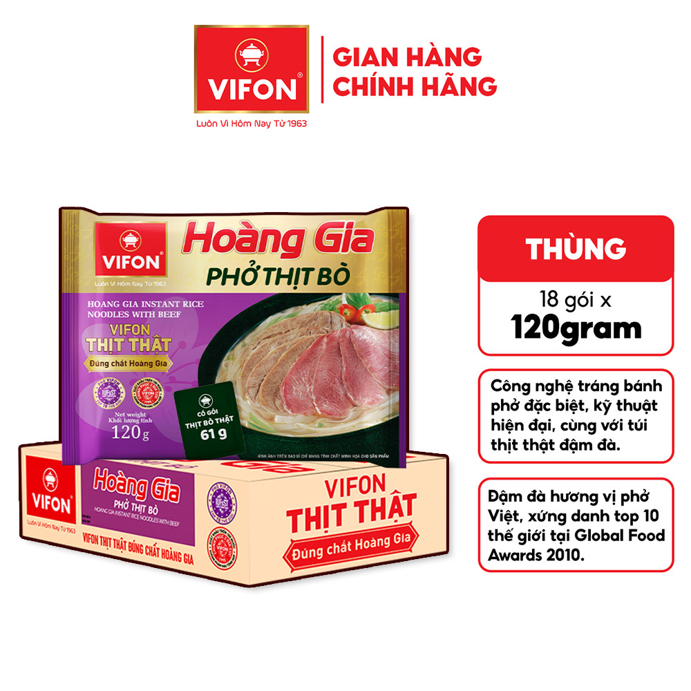 VF Thùng 18 Gói Phở Hoàng Gia Thịt Bò VIFON Có Thịt Thật 120Gam/Gói