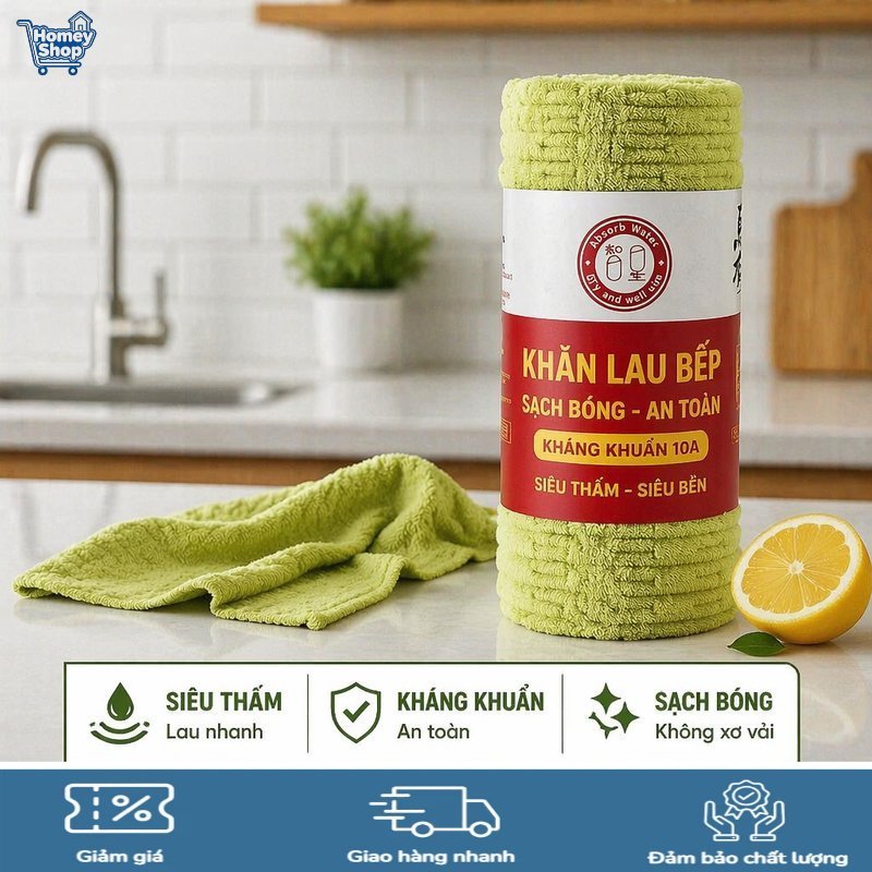 Khăn lau bếp xé tay, Polyester microfiber nhung tre dày, thấm hút kháng khuẩn 10A, khô ướt lau bát s