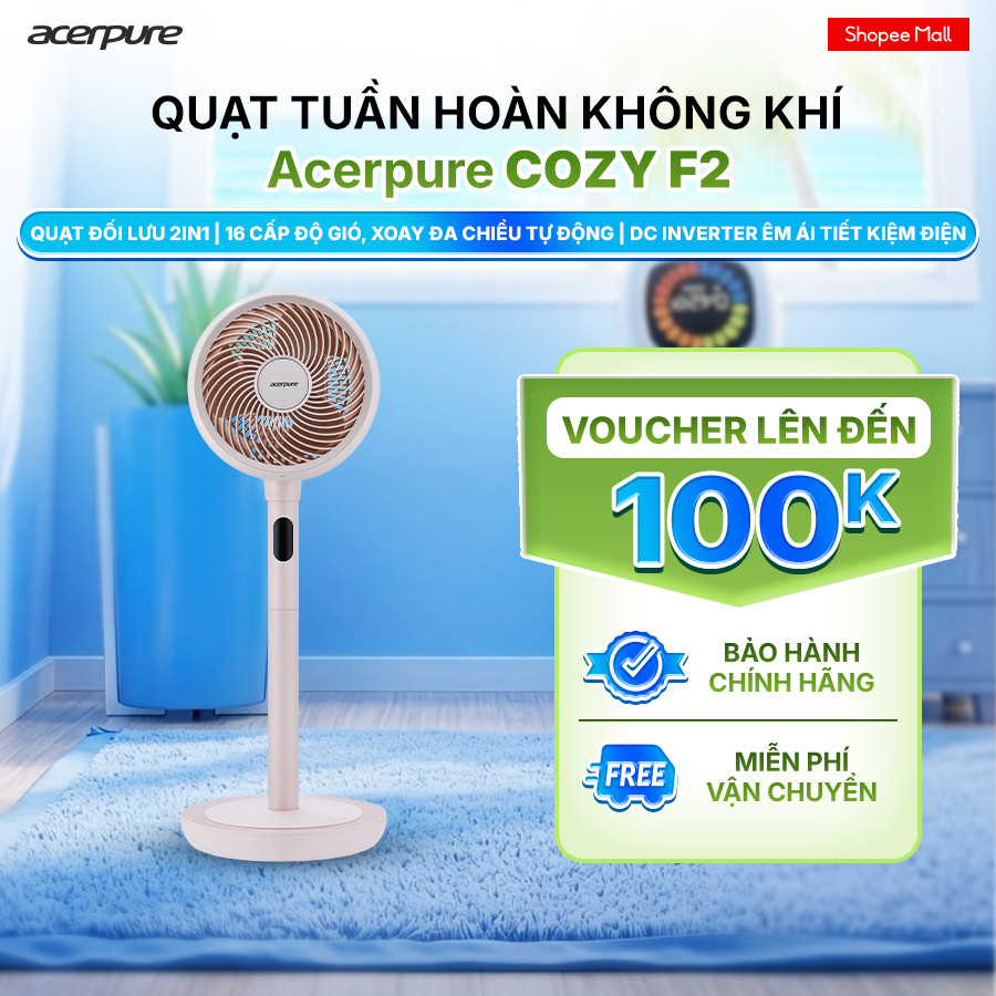 Quạt tuần hoàn không khí Acerpure Cozy F2 động cơ Inverter tiết kiệm điện, gió 25m - BH 12 tháng