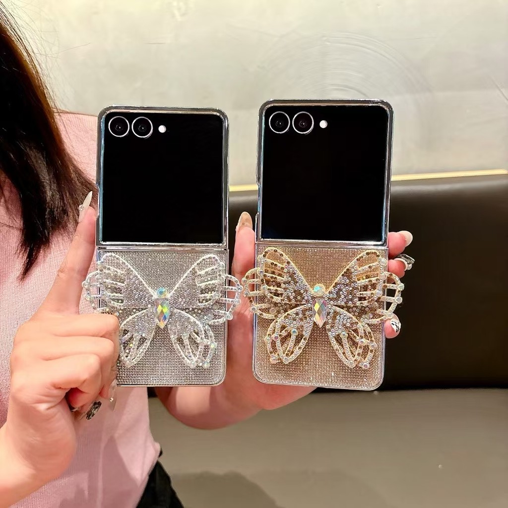 Sang Trọng Độc Đáo Ngọc Bướm Kim Cương Blingbling Ốp Lưng Điện Thoại Samsung Galaxy Z Flip 3 4 5 6 7