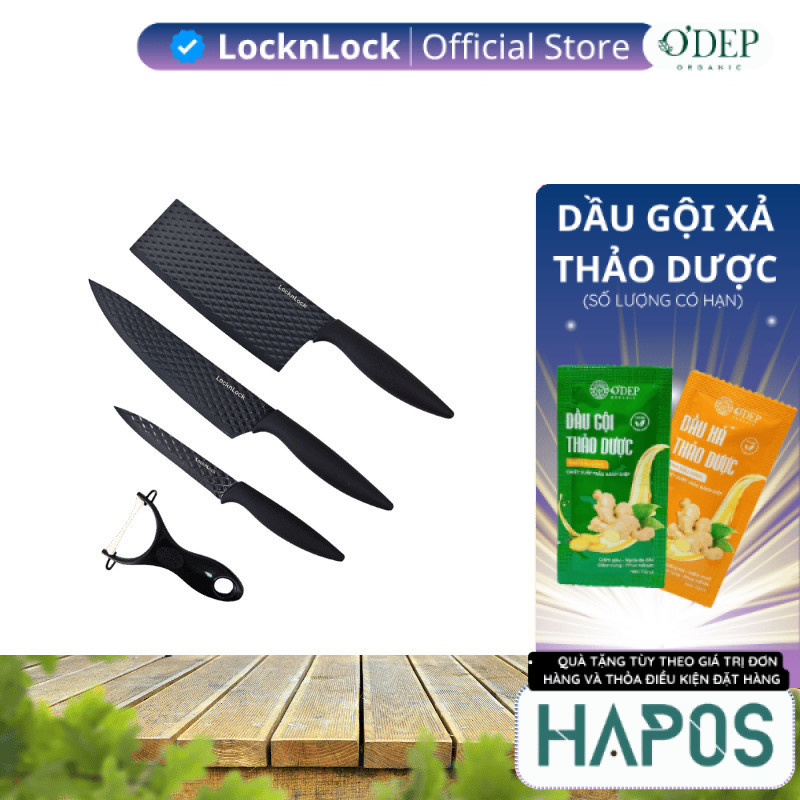Bộ dao 4 món LocknLock, chống dính, chất liệu thép không gỉ (3 dao 1 bào) - Màu đen CKK104S4 - HAPOS
