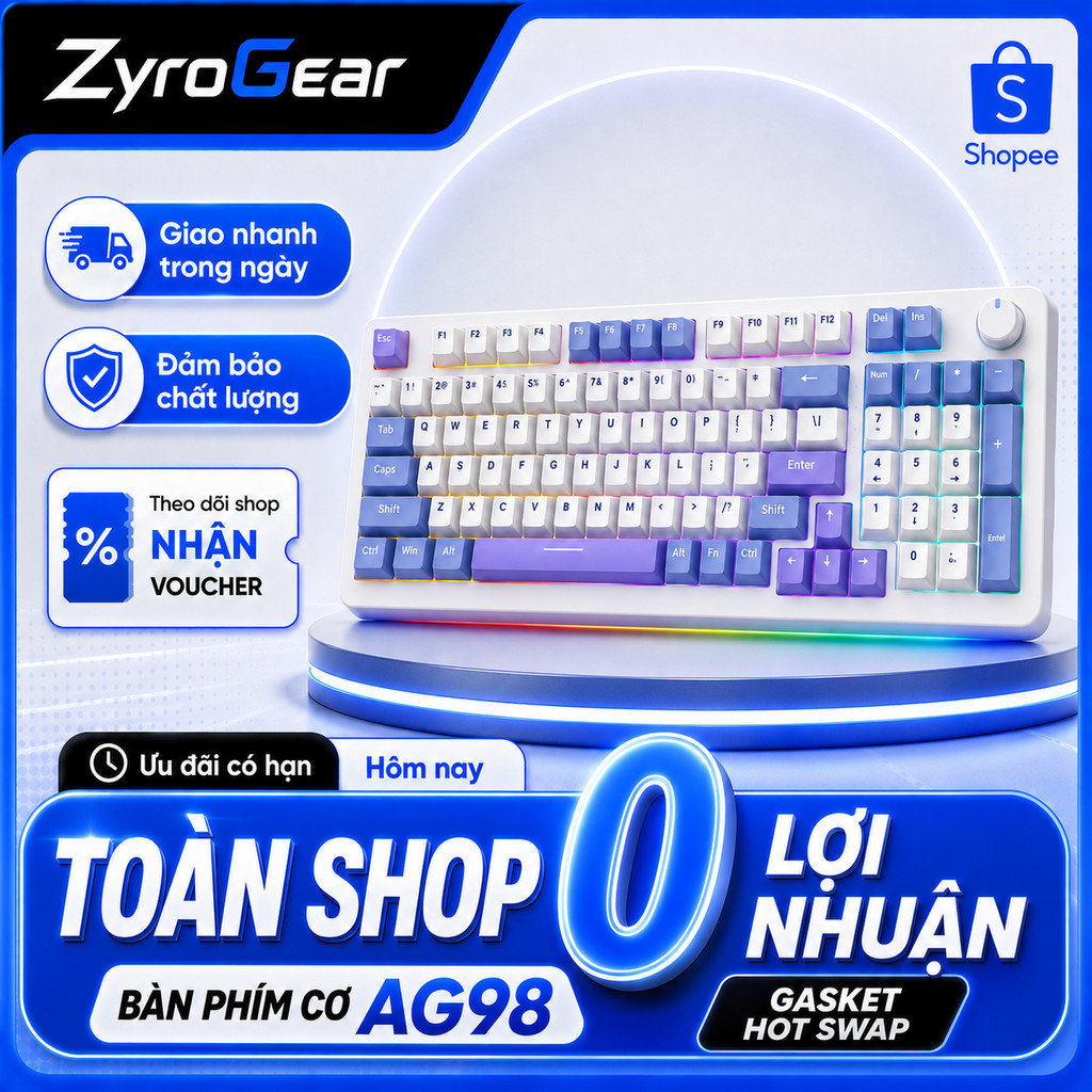 Bàn phím cơ AG98 có đèn RGB, Gioăng trao đổi nóng, Nút chống va đập hoàn toàn, Núm trò chơi, Thích h