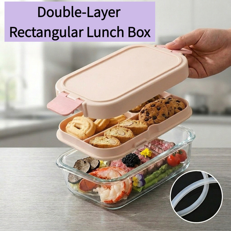 Glass Double-Layer Divided Bento Box Fresh-Keeping Box Microwave-Safe Divided Lunch Box Airtight Fre
