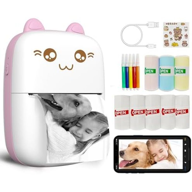 Mini Printer Portable, Inkless Sticker printer with 8 Rolls Paper, Bluetooth Wireless mini thermal p