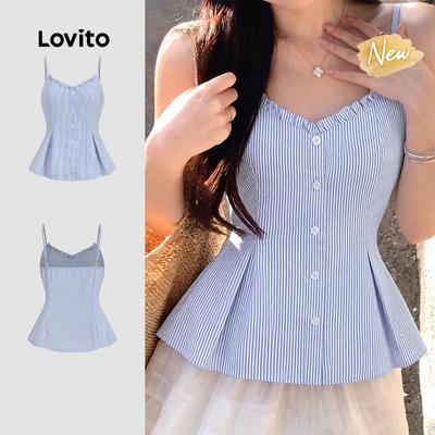 (New Arrival) Lovito Áo sơ mi nữ cộc tay màu xanh cài nút phía trước phong cách thường ngày mùa xuân/hè L198ED086