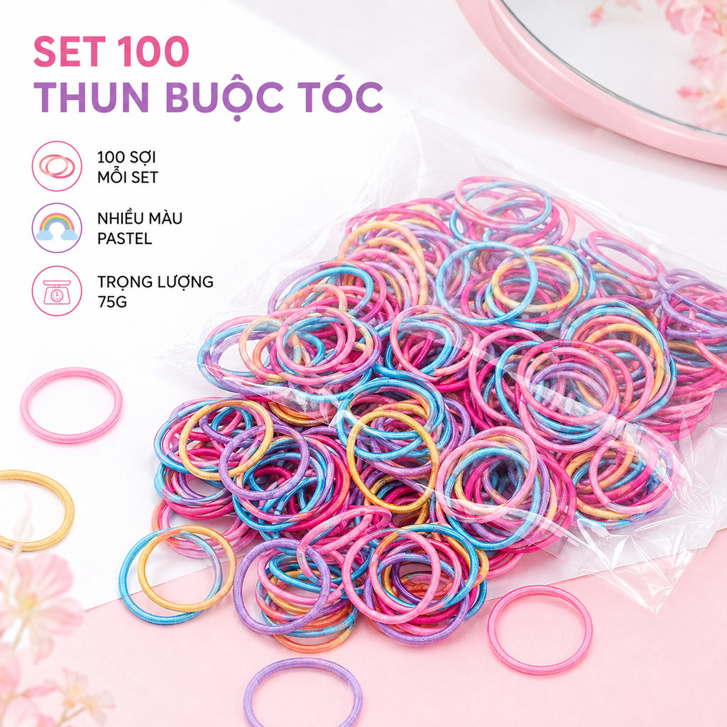 [HCM] Set 100 Thun Buộc Tóc Nữ, Dây Cột Tóc Nhiều Màu