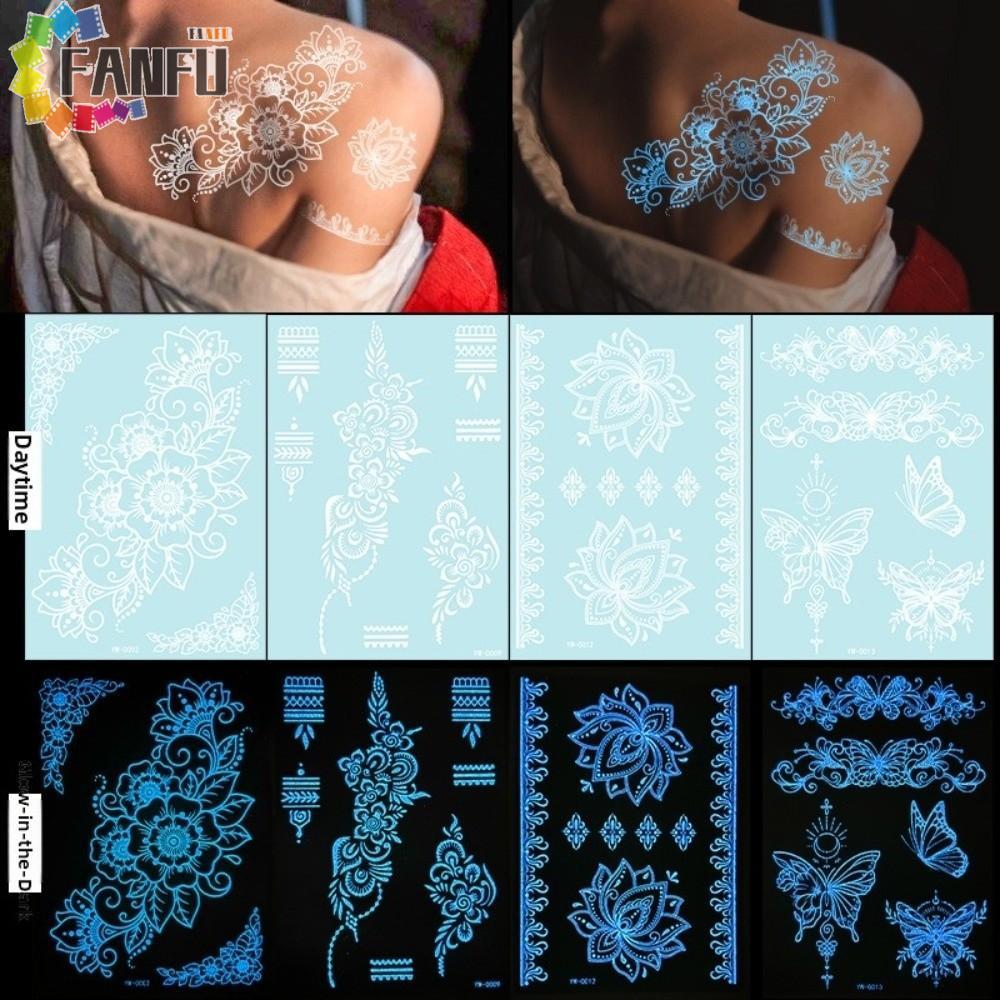 FANFUZOUZU Nhãn Dán Hình Xăm Henna Dạ Quang, Dụng Cụ Cưới Chân Tay Trắng Henna Hình Xăm Đề Can, Ren 