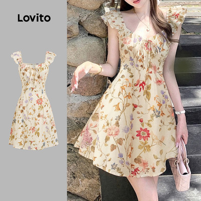 (New Arrival) Lovito Đầm Nữ Mùa Xuân/Hè Ruffle Khóa Kéo Thắt Nơ Phong Cách Thường Ngày L196LD548