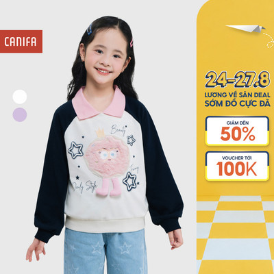 Áo nỉ bé gái CANIFA chất liệu nỉ lót lông dài tay cổ polo in họa tiết 1TW25C002