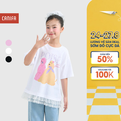 Áo phông bé gái CANIFA áo thun chất cotton USA mềm mát oversize phối ren và nơ 1TS26C001