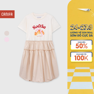 Váy liền bé gái CANIFA đầm dáng bí cộc tay cotton pha mềm thoáng khí 1DS26C003