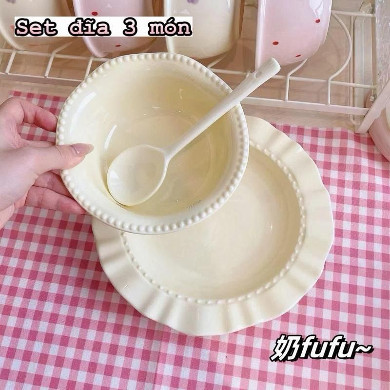 SÉT ĐĨA KÈM BÁT THÌA SỨ MÀU TRẮNG SỮA XINH XỈU  1 đĩa + 1 bát + 1 thìa sứ Hàng đóng xốp atnb