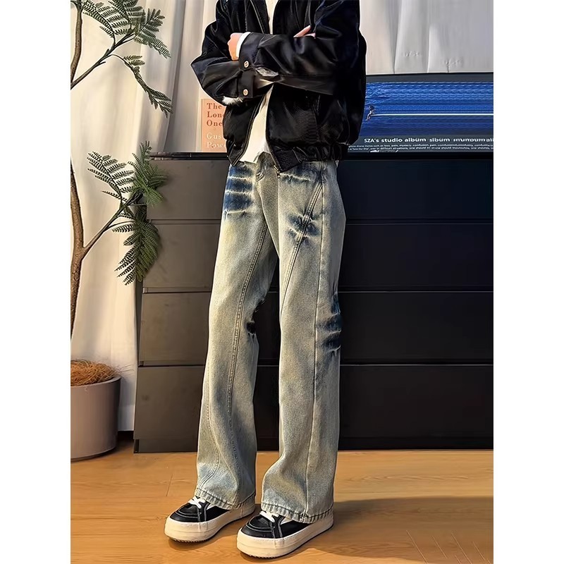 Niche Design Sense Washed Lightning Pattern Jeans Nam Thẳng Phong Cách Mỹ Quần Thiết Kế Sense Micro 