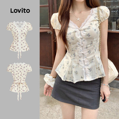Lovito Phong cách thường ngày Áo sơ mi ren dễ thương có nút phía trước phù hợp cho mùa xuân/hè dành cho phụ nữ L154ED1015