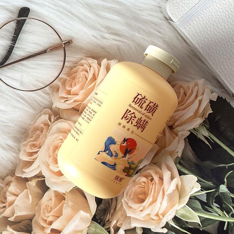 T Tanya Lưu huỳnh Mite Loại bỏ Xà phòng lỏng 500g Nhẹ nhàng Tắm làm sạch Lưu huỳnh Hương thơm đuổi m
