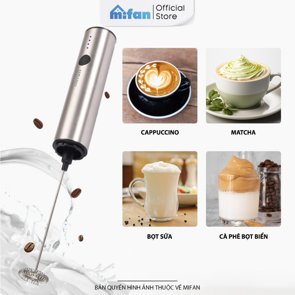 🌙🌙 Máy Đánh Bọt Cà Phê Microfoam Mifan MF1501G - 3 Đầu Đa Năng, Thép không gỉ, Đế sạc USB tiện lợi -