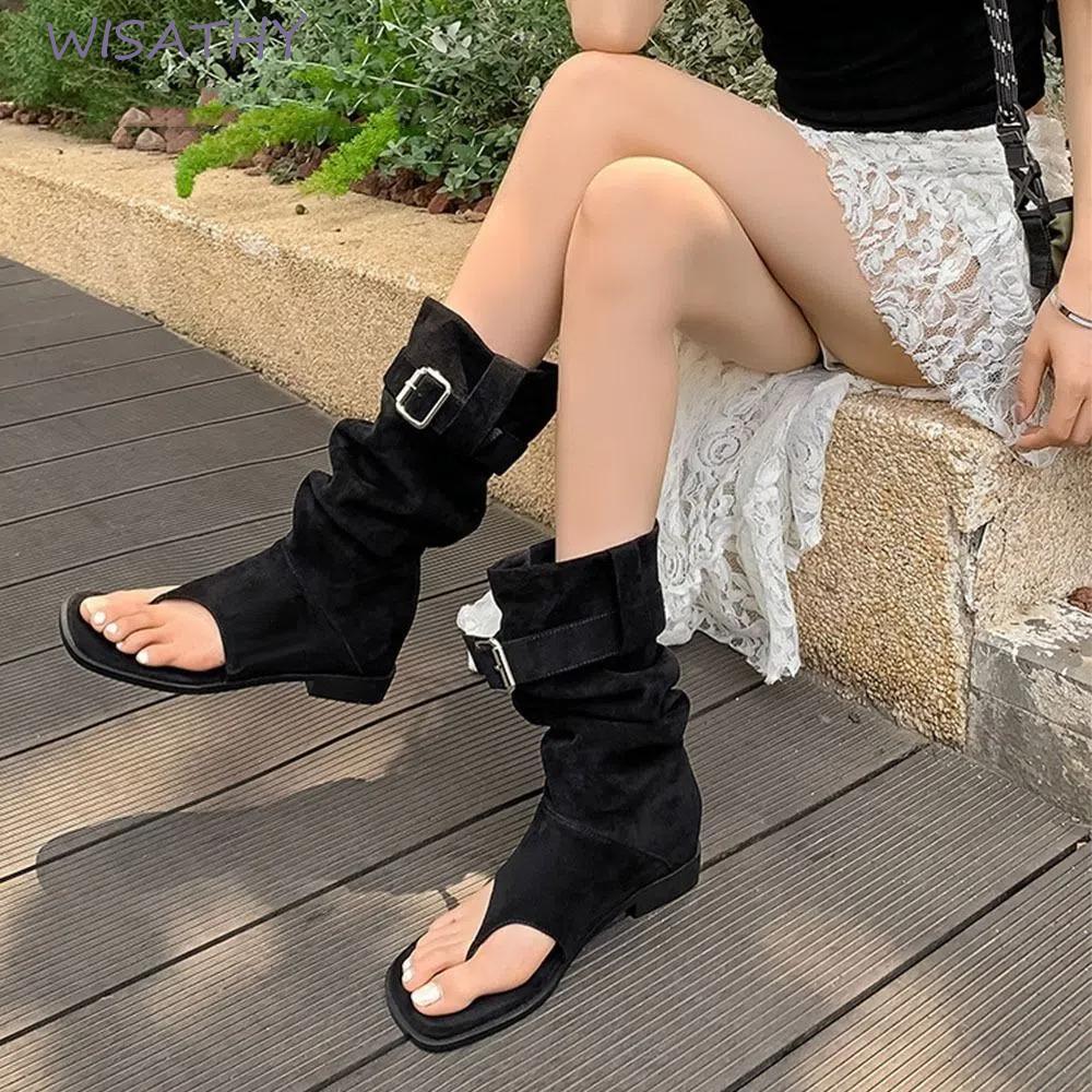Giày bốt mũi kẹp mở ELMER1, Giày bốt sandal nữ khóa thắt lưng Y2k, Thời trang Gothic Designer Da lộn