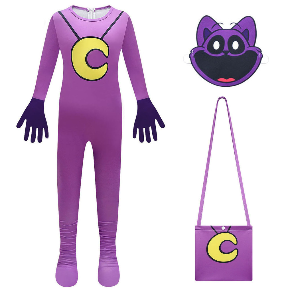 New Style Ready Stock Middle Big Kids Jumpsuit Sleepy Cat cosplay Cartoon Print Halloween Boys Girls