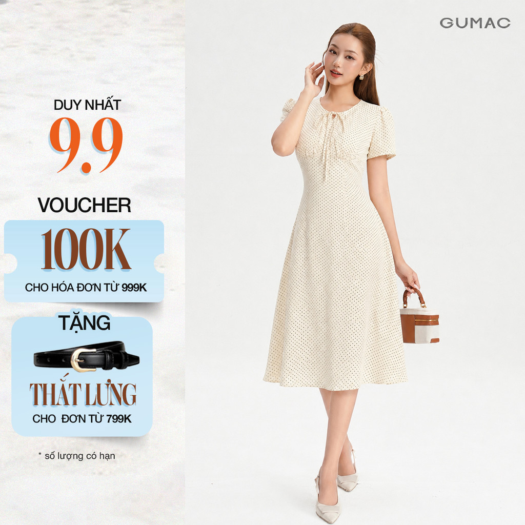 Đầm Nữ GUMAC Chấm Bi Nhí Form A Xòe Cổ Tròn Dây Cột Cổ Hai Lớp Có Túi Sườn Thời Trang Thanh Lịch LDG