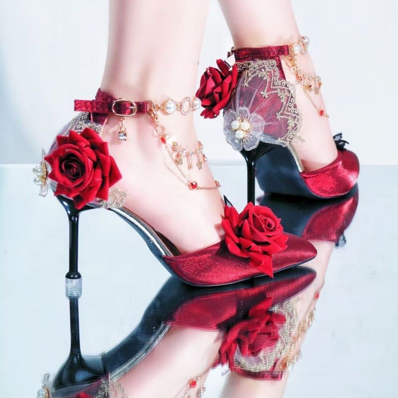 Giày cao gót cưới hoa hồng lolita, giày cao gót đế cưới màu tía lolita, giày cao gót phong cách anim