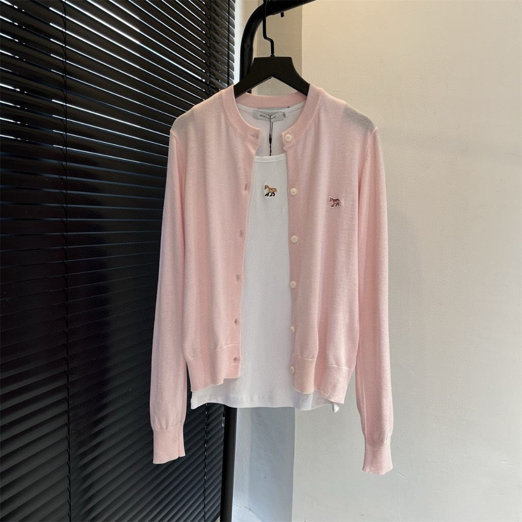 Maison Kitsune Jennie Same Style Spring Summer New Little Fox Knitted Vest Pink Short Jacket 3338