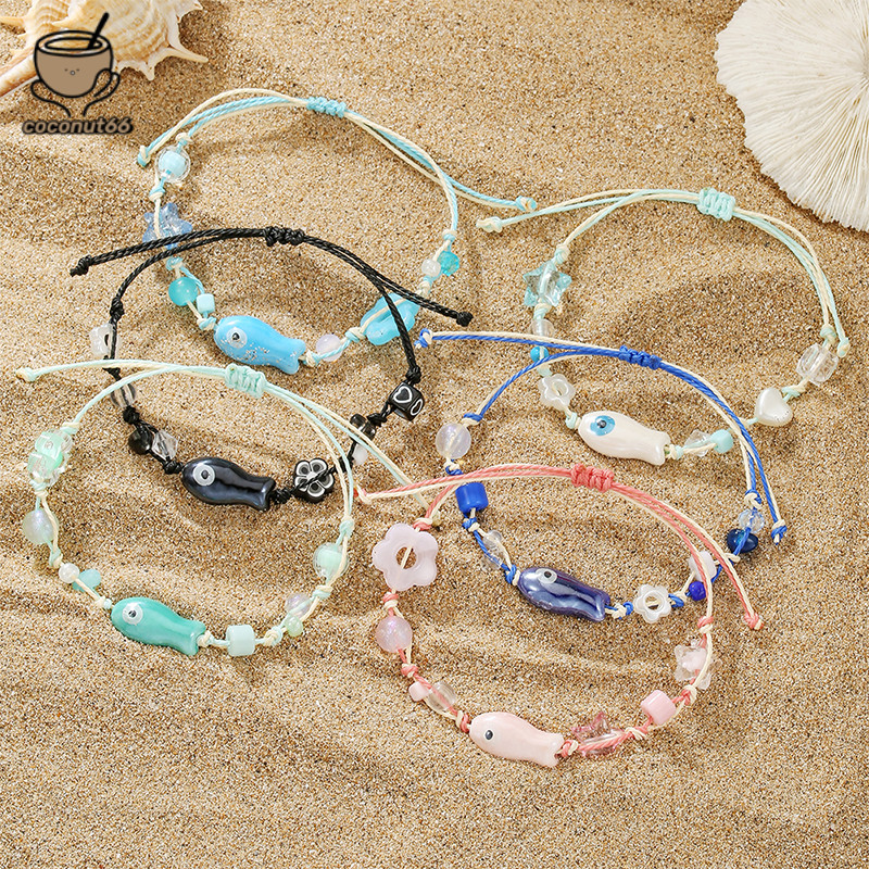 🥥coconut🥥Vòng tay dây sáp mắt quỷ phối cá gốm - evil eye mix evil eye fish, vòng tay nhóm bạn, vòng 