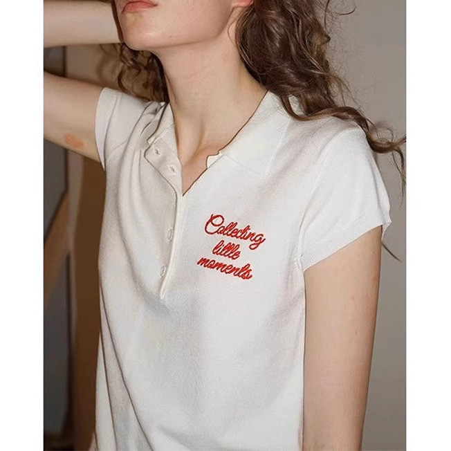 ZDEJ Retro color-blocked embroidered short-sleeve shirt polo Women's Summer Knitted Henley Shirt Top