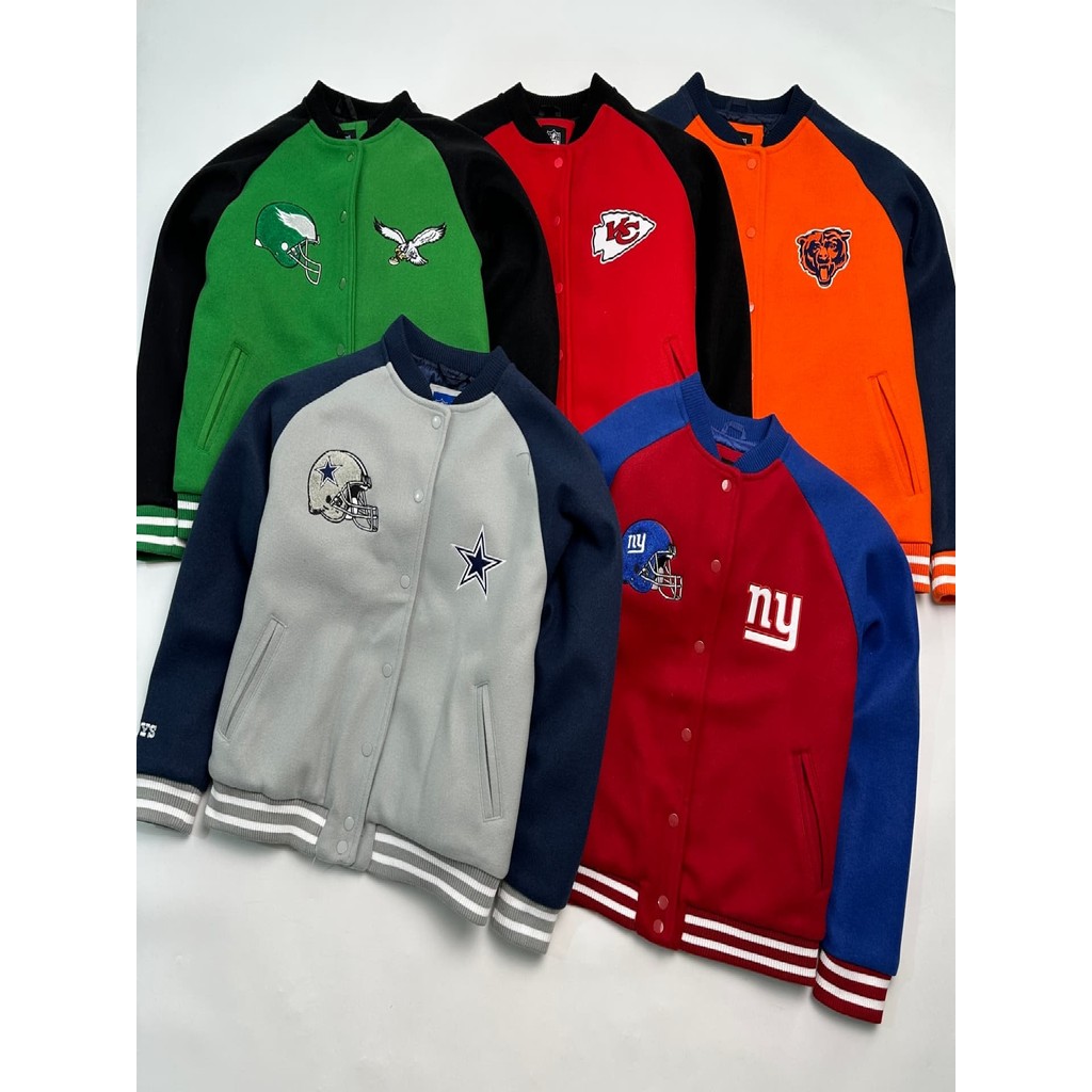 Nữ Quilted Len Đơn Nút Bóng Chày Cotton Đồng Phục NFL Denim Mười Ngàn Kim Thêu LOGO Tương Phản
