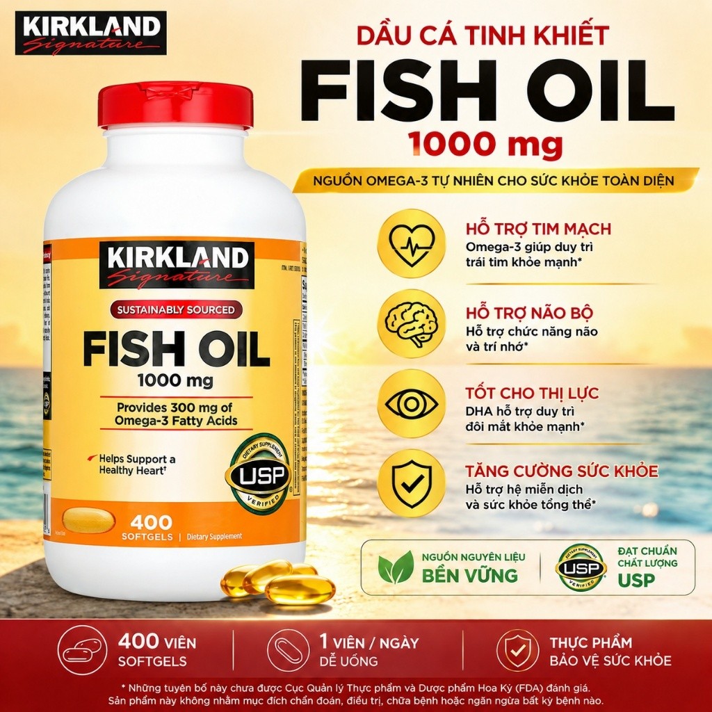 [CHÍNH HÃNG] Viên uống dầu cá bổ sung Omega-3 cho Tim mạch, Thị lực & Não bộ Kirkland Signature Fish