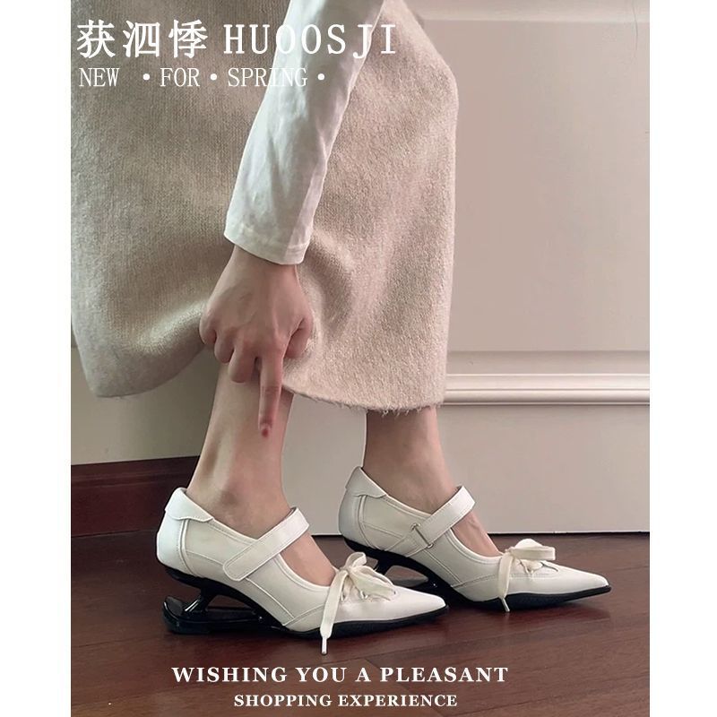 Niche Design Mũi Nhọn Treo Gót Chân Cao Gót Nữ 2026 Xuân Hè Trắng Mary Jane Ren-Up Mary Jane Giày Ma