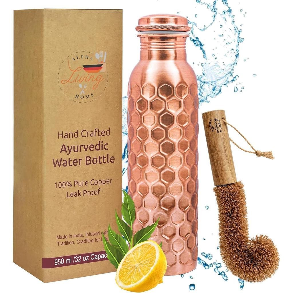 Copper Water Bottle 32oz Oversized, Real Copper Drinking Bottle, Honeycomb Ayurvedic Drinking Bottle