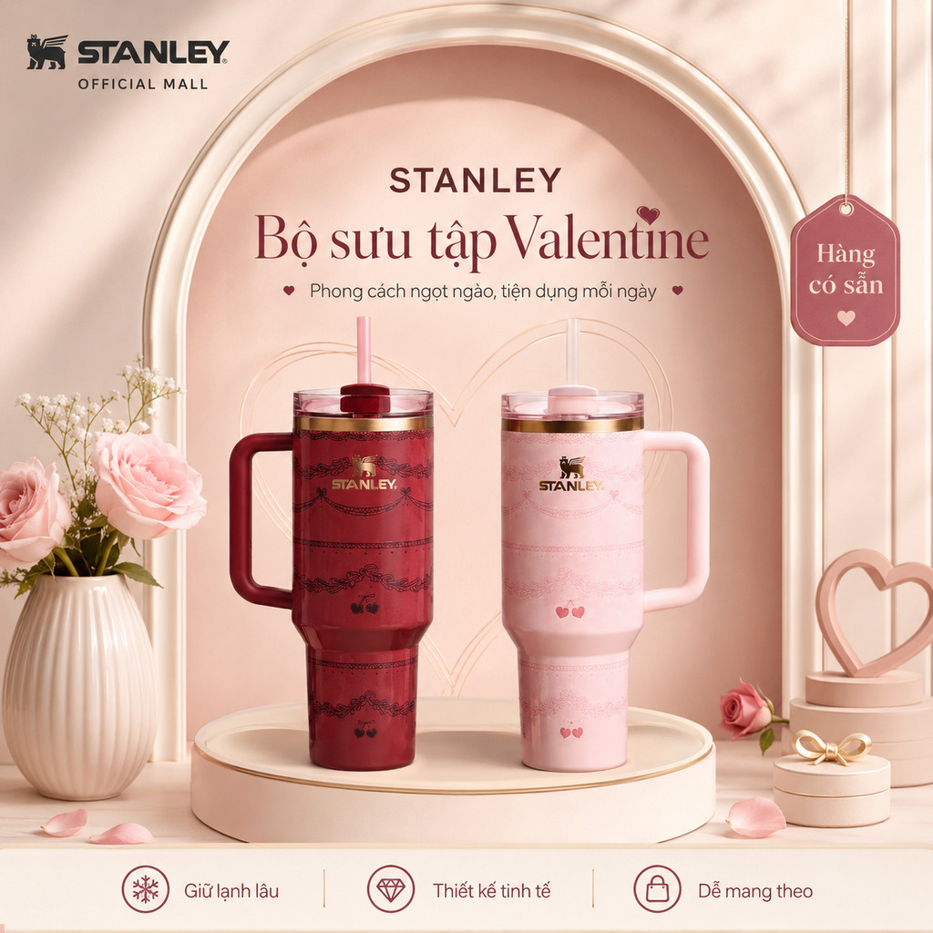 [ Hàng chính hãng ] Stanley 2026 Valentine's Limited Pink Suede Heart Water Bottle 20oz 40oz - BPA F