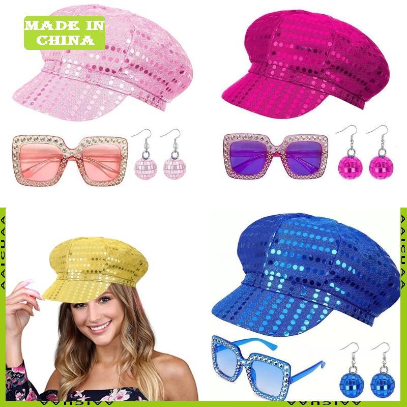 AA 3 Cái Bộ 70 Nữ Disco Phụ Kiện Disco Trang Phục Disco Disco Disco Sequins Mũ Bông Tai Disco Bông T