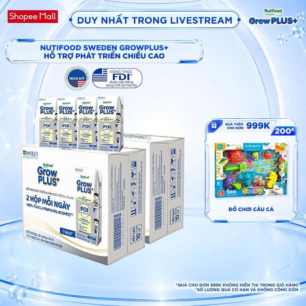 Combo 2 Thùng 24 Hộp Sữa Bột Pha Sẵn Nutifood Sweden GrowPLUS+ Cao lớn vượt trội hộp 180 ml