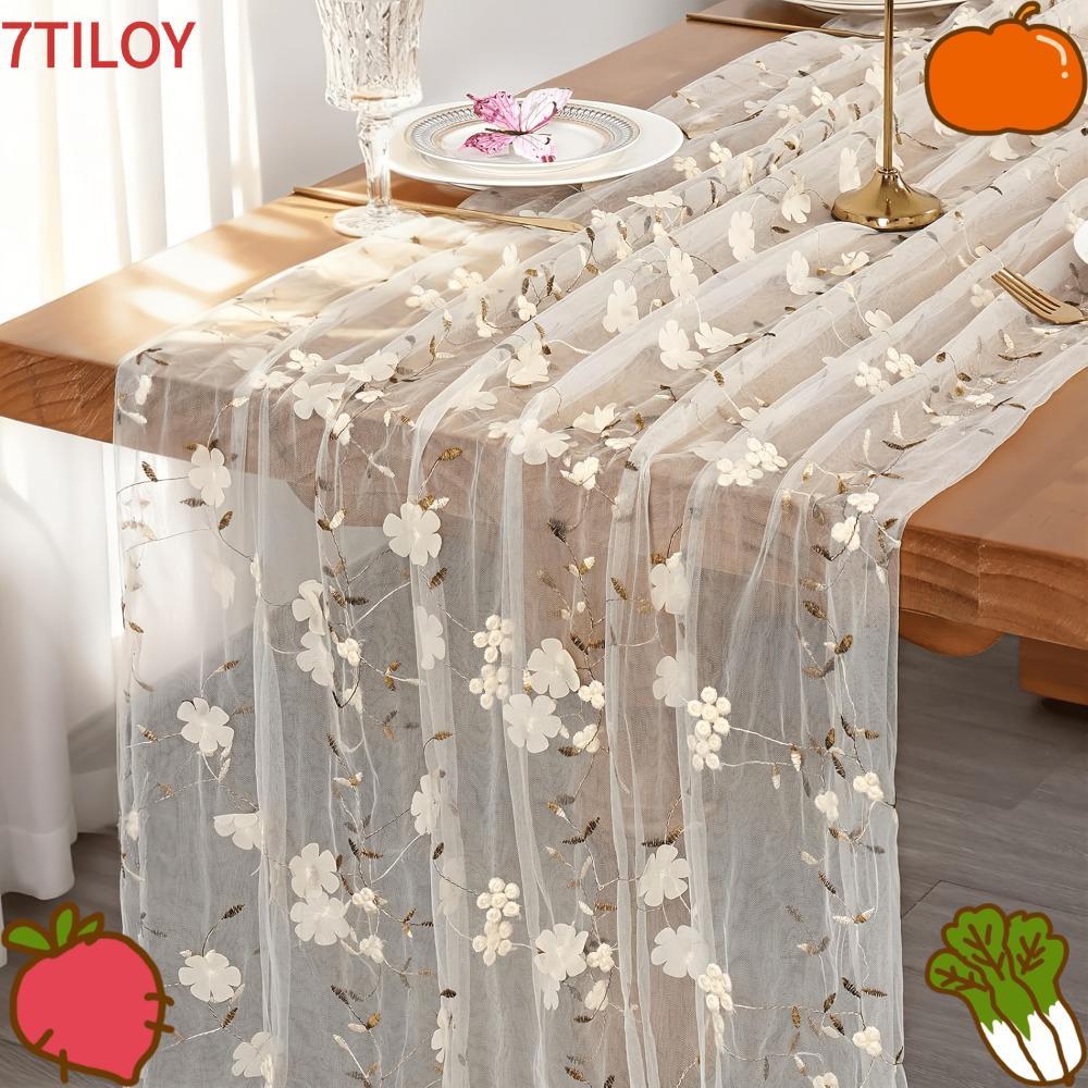 7TILOYSHOP Tuyn Table Runner, Ren 70x300CM Hoa Table Runner, Sheer Thêu Hoa Polyester Thêu Ren Bàn C