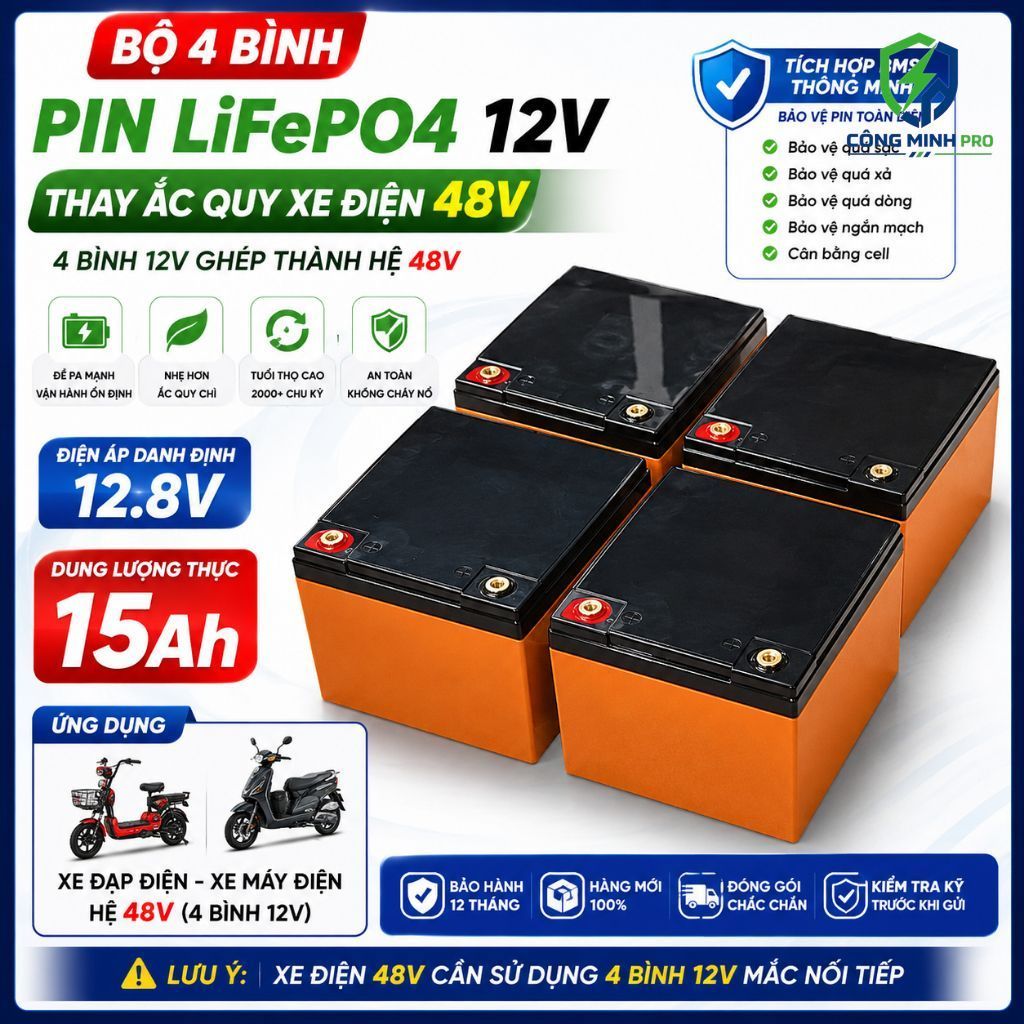 Bộ 4 Bình Pin 12V 15Ah LiFePO4 Thay Ắc Quy Xe Đạp Điện 48V, Xe Máy Điện, Có BMS Bảo Vệ, Đề Pa Mạnh