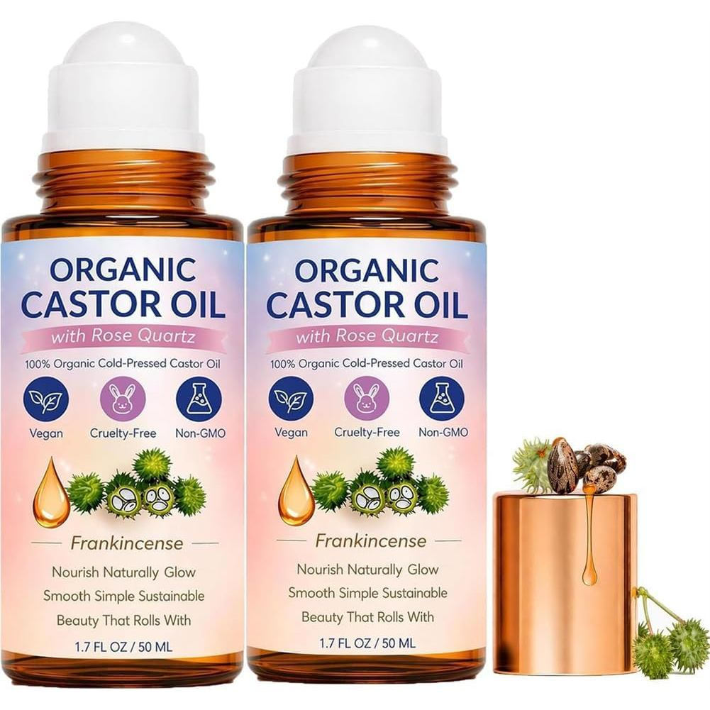SoldaireOrganicCastorOilRoll-OnwithRoseQuartzRoller, ColdPressed, Hexane-Free, DeepMoisturingLeak-Pr