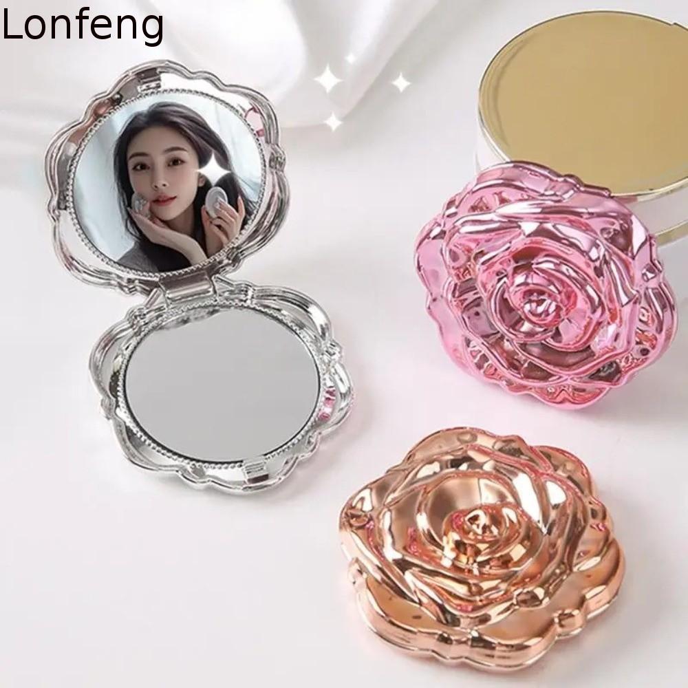 Gương hoa hồng LONFEPH, Gương trang điểm dài cỡ nhỏ, Gương mỹ phẩm tròn gấp thanh lịch Du lịch