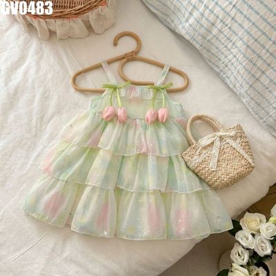 Váy Hai Dây Bé Gái Pastel Xanh Mint Xếp Tầng Đính Hoa Tulip Nổi Bật MINTSCLOSET GV0483