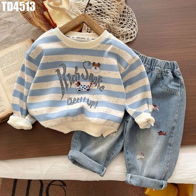 MINTSCLOSET Bộ Thu Đông Bé Trai Áo Sọc Xanh Kem Phối Quần Jean Xanh Mã TD4513 form xinh dễ mặc