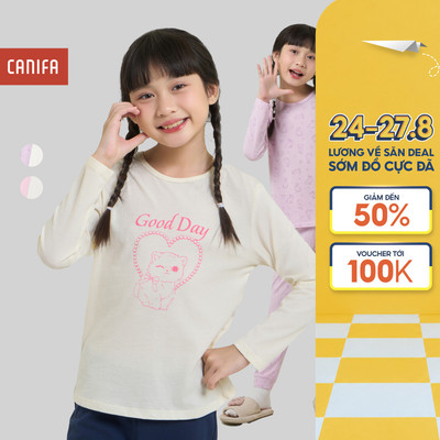 Combo 2 áo mặc nhà bé gái CANIFA dài tay cổ tròn chất liệu mềm mại in họa tiết 1LA25W001