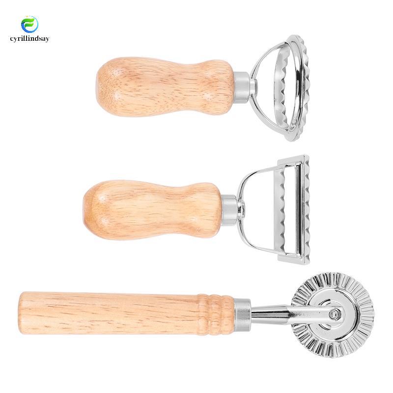 Bộ 3 khuôn cắt tạo hình Ravioli, dập làm mì Ý Ravioli cán gỗ, kèm dao cắt Pasta cho Ravioli, Dumplin