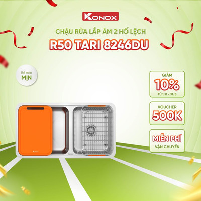 Chậu rửa bát inox 2 hố lệch Konox R50 Tari 8246DU phong cách Nhật bề mặt MỊN - Bảo hành 10 năm