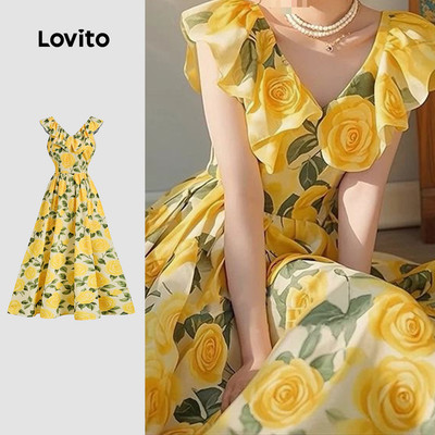 Lovito Kỳ nghỉ Đầm Phong Cách Xếp Bèo Họa Tiết Hoa Màu Vàng Thích Hợp Cho Mùa Xuân/hè L150ED144
