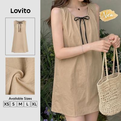 (New Arrival) Lovito Váy liền thường ngày dáng suông đi lại thư giãn mùa Xuân/Hè kaki cho nữ DRK8P1D982
