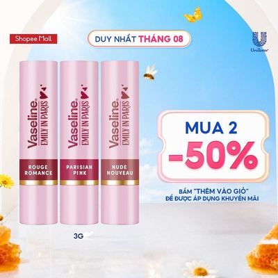 [Mua 2 giảm 50%] Son màu dưỡng môi Vaseline Emily In Paris 3g (Parisian Pink / Rouge Romance/ Nude Nouveau)