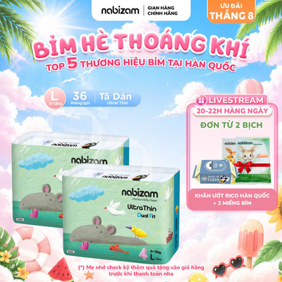 [TÃ DÁN] Combo 2 Bịch Bỉm Dán NABIZAM Ultra Thin Nội Địa Hàn Siêu Mỏng, Khô Thoáng Size L Cho Bé 9-12kg, 36 Miếng/Bịch