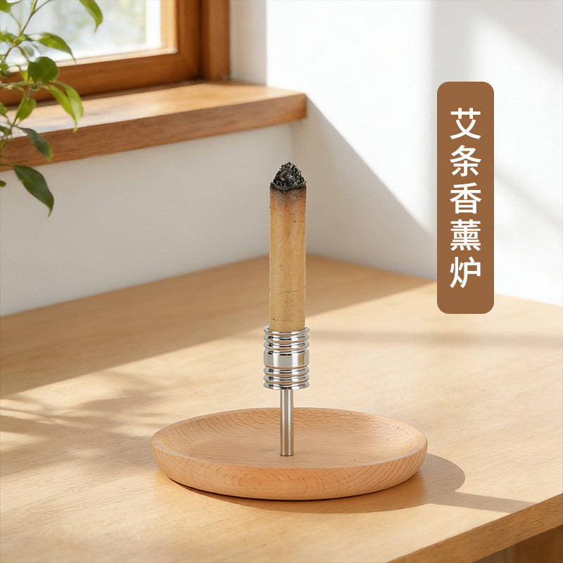 Lò đốt nhang ngải cứu, đế đặc biệt dùng cho ngải cứu, giá đỡ đốt ngải cứu bằng gỗ sồi và hợp kim kẽm